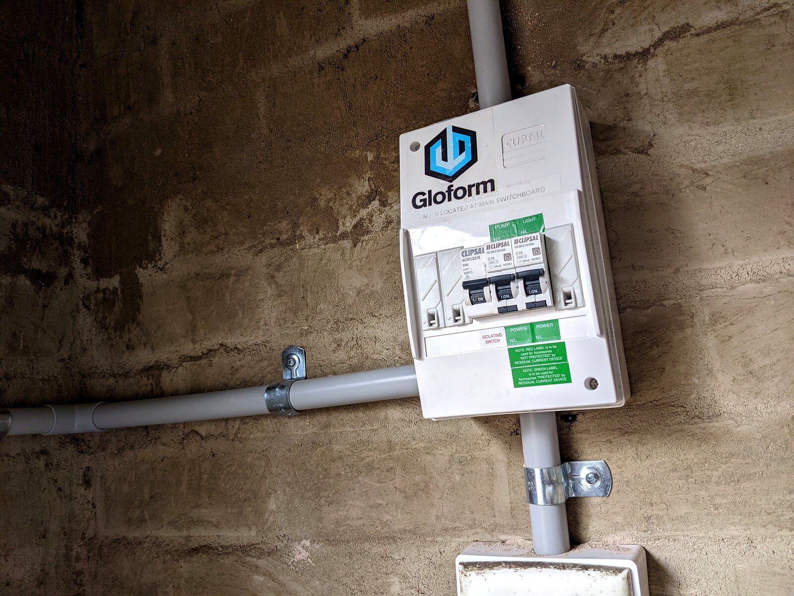 Clipsal sub-board with Gloform label and pump and light circuits