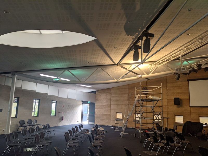 Ceiling lights in a hall during fit-out